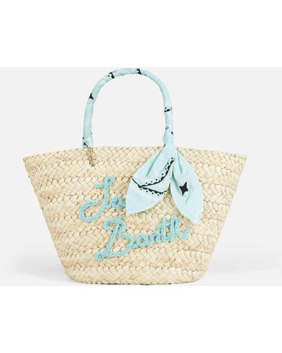 Mc2 Saint Barth Straw Bag With Front Embroidery And Fabric Handles - Blue
