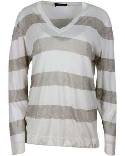 Fabiana Filippi Long-Sleeved Silk And Cotton V-Neck Sweater - Gray