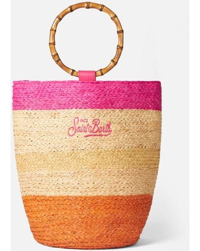 Mc2 Saint Barth Raffia Bucket Bag With Bamboo Handles - Pink