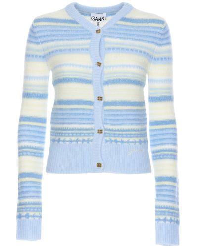 Ganni Striped Soft Wool Cardigan - Blue