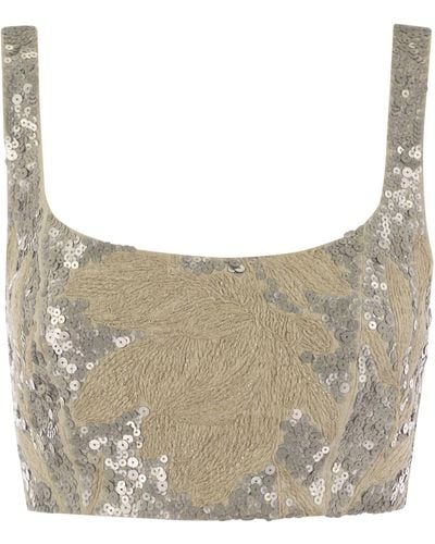 Brunello Cucinelli Light Linen Crop Top With Embroidery - Grey