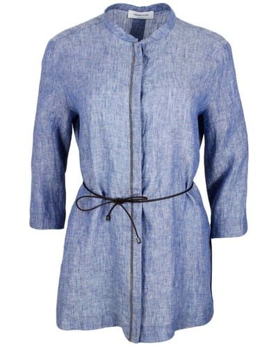 Fabiana Filippi Long Linen Shirt With Leather Belt And Embellished With Brilliant Jewels Along The Buttoning - Blue