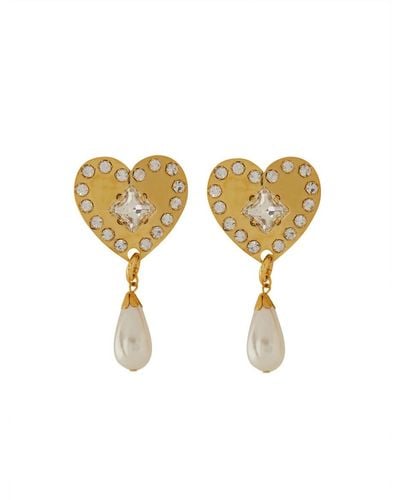 Alessandra Rich Metal Heart Earrings With Crystals - Metallic