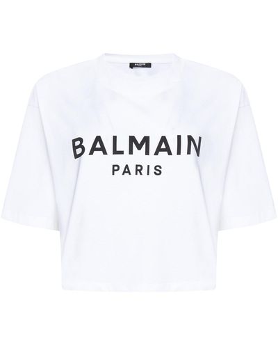 Balmain Logo Cropped Cotton T-Shirt - White