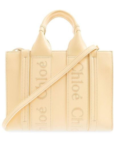 Chloé Woody Logo Embroidered Small Tote Bag - Natural