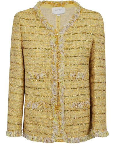 Giambattista Valli Sequin-embellished V-neck Tweed Fringed Jacket - Yellow