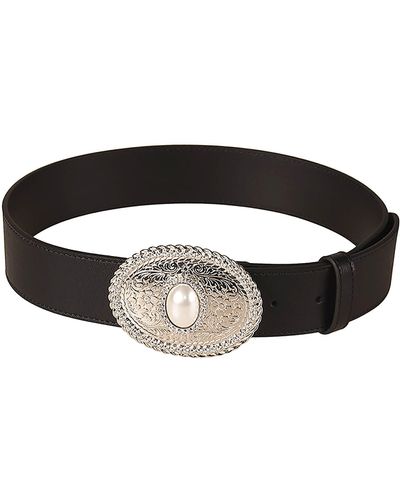 Alessandra Rich Oval Buckle Pearl Detail Leather Belt - Black