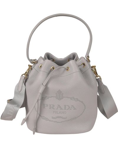 Prada Logo Drawstring Bucket Bag - Gray