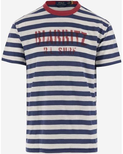Polo Ralph Lauren Cotton T-Shirt With Striped Pattern And Logo - Blue