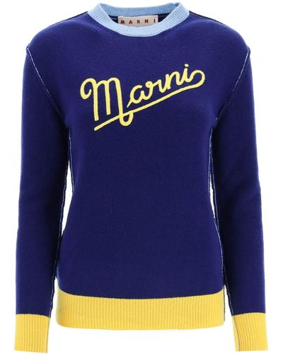 Marni Logoed Shetland Wool Sweater - Blue