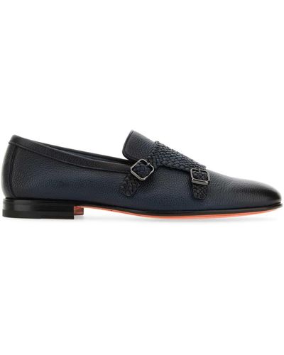 Santoni Dark Leather Carlos Monk Strap Shoes - Blue
