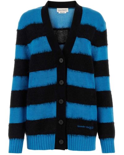 Alexander McQueen Striped Brand-embroidered Cotton-knitted Cardigan - Blue