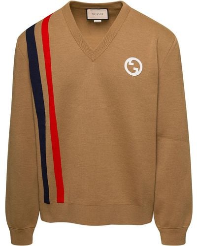 Gucci Jumper With Interlocking G And V Neck - Brown