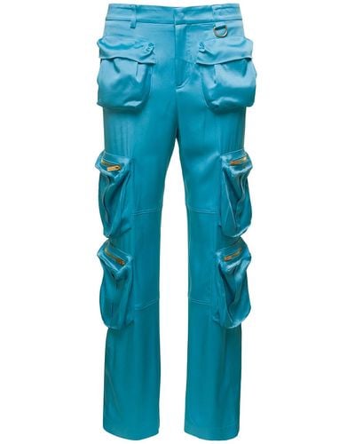 Blumarine Cargo Trousers With Macro Patch Pockets In Satin - Blue