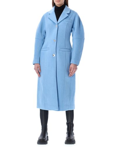 Ganni Wool Curved Sleeve Fitted Coat - Blue