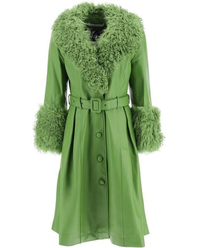 Saks Potts 'foxy' Leather And Shearling Long Coat - Green