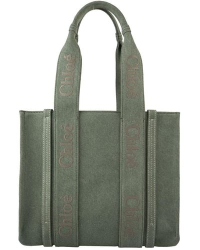 Chloé Woody Medium Shopping Bag With Shoulder Strap - Green