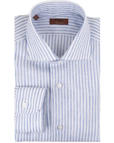 Barba Napoli Light And Striped Linen Slim Fit Shirt - Blue