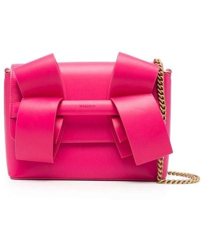 Pinko Aika Mini Fuchsia Clutch Bag With Ribbon-like Effect Detail In Leather - Pink