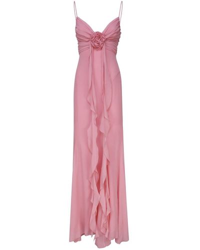 Blumarine Long Silk Dress With Draping And Decorative Rose - Pink