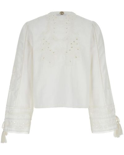 Twin Set White Jacket With Drawstring In Perforated Cotton And Linen
