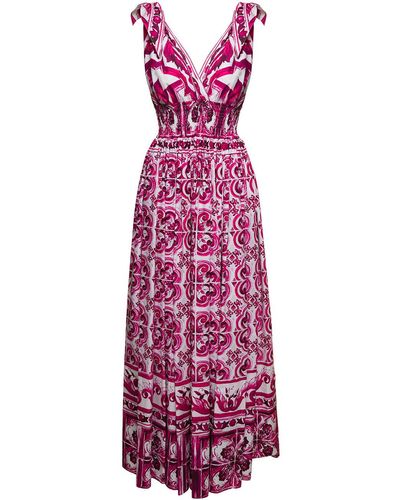 Dolce & Gabbana Fuchsia And White Long Sleeveless Dress With Majolica-print In Cotton - Purple