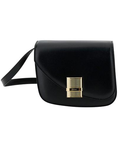 Ferragamo Fiamma S Shoulder Bag With Logo Detail And Oblique Flap - Black