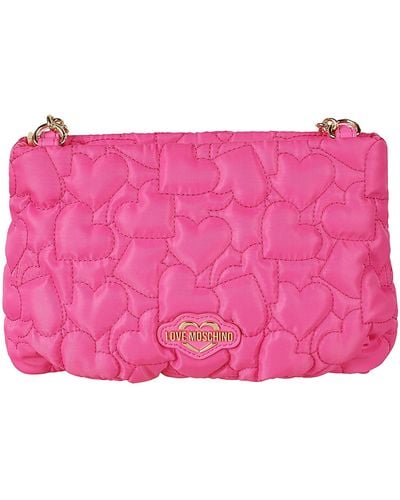 Love Moschino Heart Embroidered Logo Embossed Shoulder Bag - Pink