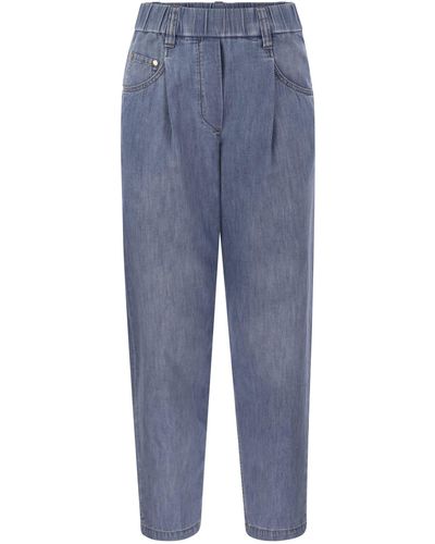 Brunello Cucinelli Lightweight Denim Baggy Pants With Shiny Tab - Blue