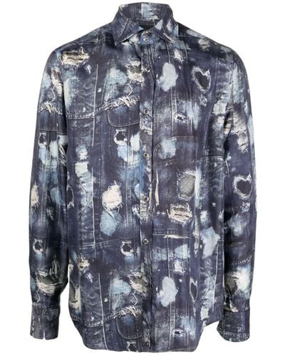 John Richmond Shirt In Silk With Runway Iconic Pattern - Blue