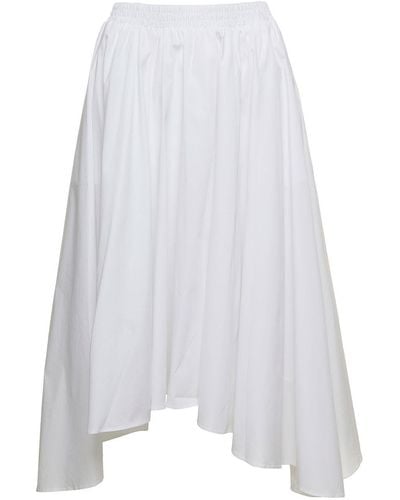 Michael Kors Midi Skirt With Elastic Waistband And Asymmetric Hem In Stretch Cotton - White