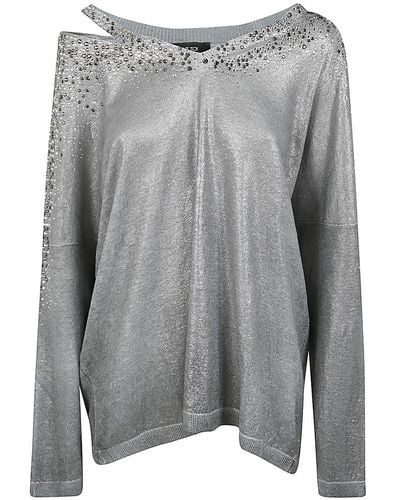 Avant Toi Linen Cotton V-Neck Pullover With Lamination And Strass - Gray