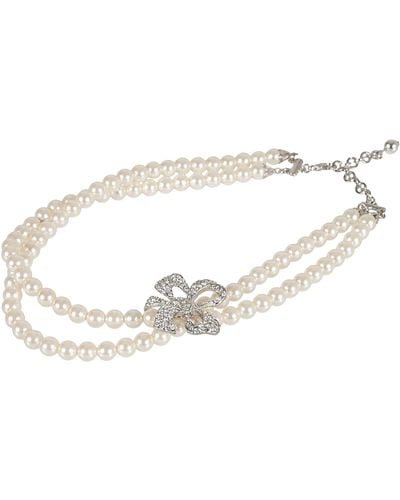 Alessandra Rich Bow Detail Pearl Embellished Necklace - White