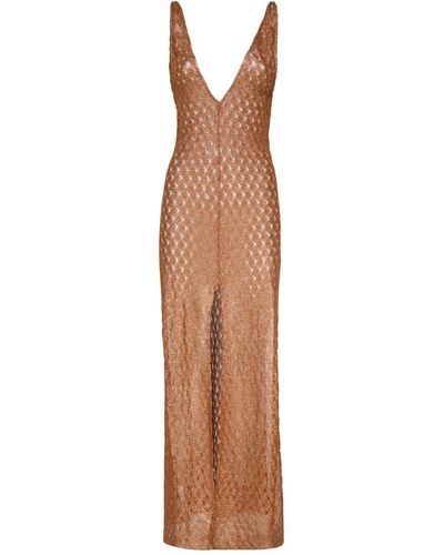 Missoni Crochet-Knitted Plunging V-Neck Maxi Dress - Brown