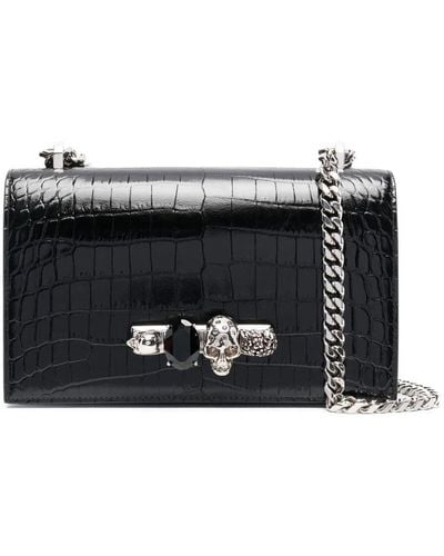 Alexander McQueen And Silver Jewelled Satchel Bag In Crocodile-effect Leather - Black