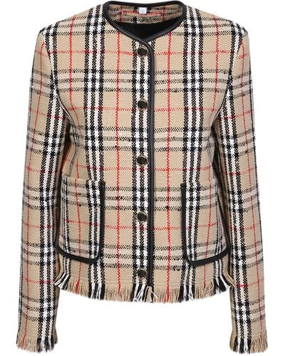 Burberry Vintage Check Boucle Collarless Leather-trim Wool-blend Jacket - Multicolor