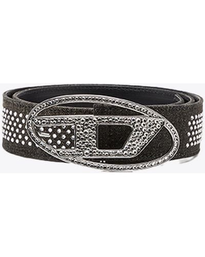 DIESEL Oval D Logo B-1Dr Strass Denim And Leather Belt With Crystals - Grey