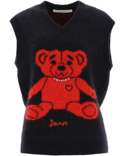 Alessandra Rich Vest In Jacquard Knit With Bear Motif And Appliques - Red