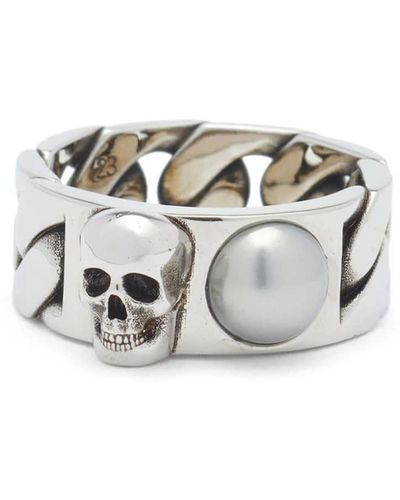 Alexander McQueen Pearl And Skull Chain Ring - White