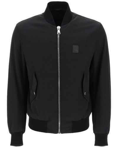 Balmain Nylon Bomber Jacket With Logo Print - Black