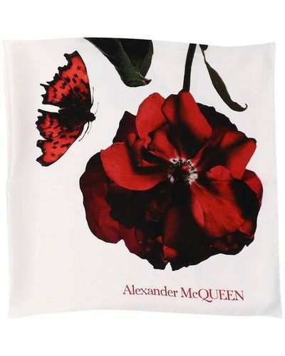 Alexander McQueen Logo Detailed Rose Printed Scarf - Red