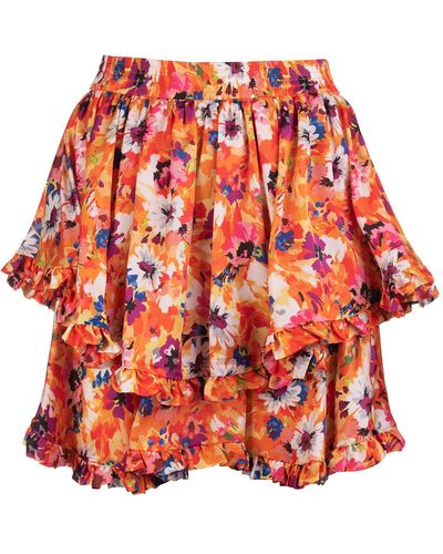 MSGM Short Orange Flounced Skirt With All-over Floral Print - Red