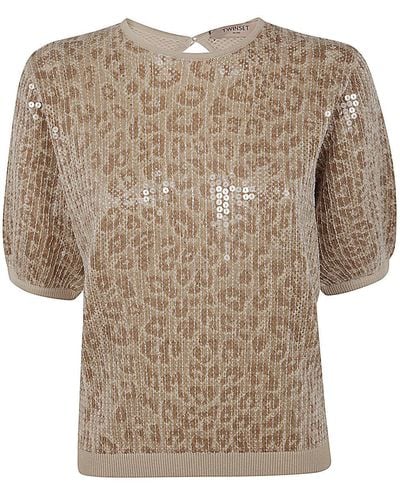 Twin Set Short Sleeve Sequined Pullover - Natural