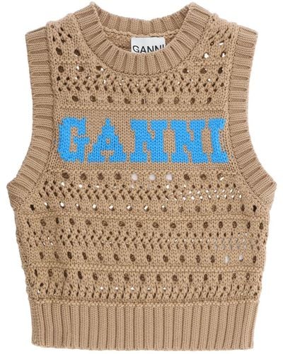 Ganni Open-Stitch Knitted Vest With Logo - Blue