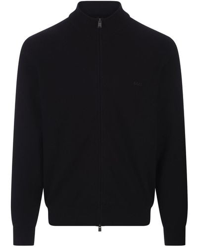 BOSS Dark Knitted Cardigan With Zip - Black