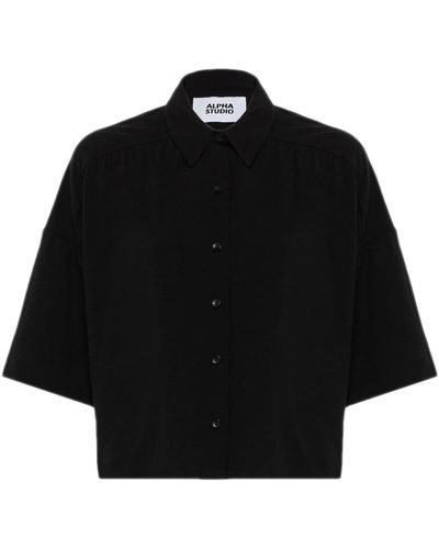 Alpha Studio Solid Color Cotton Jersey Short Shirt - Black