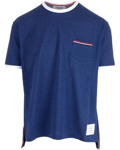 Thom Browne Crewneck Cotton Stripe T Shirt - Blue