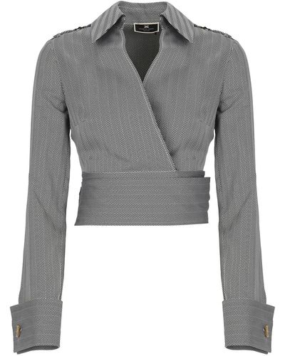 Elisabetta Franchi Chevron Cotton Cropped Shirt - Gray