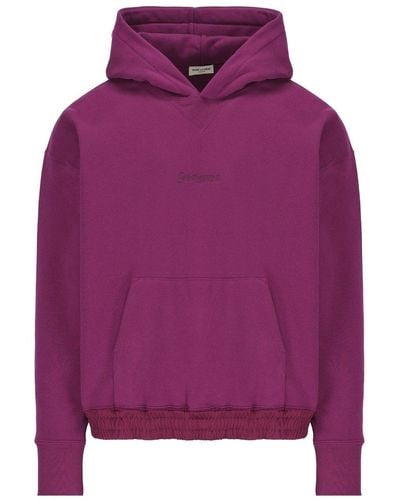 Saint Laurent Cotton Embroidered Logo Hoodie - Purple