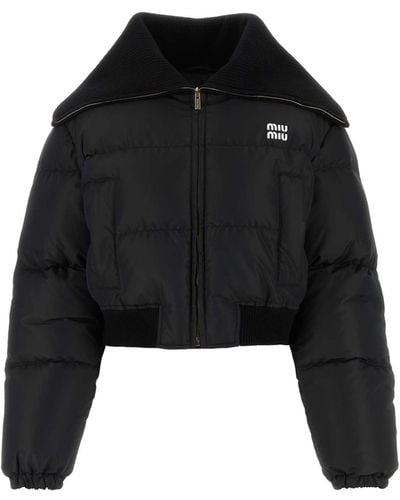 Miu Miu Brand-appliqué Cropped Shell-down Jacket - Black